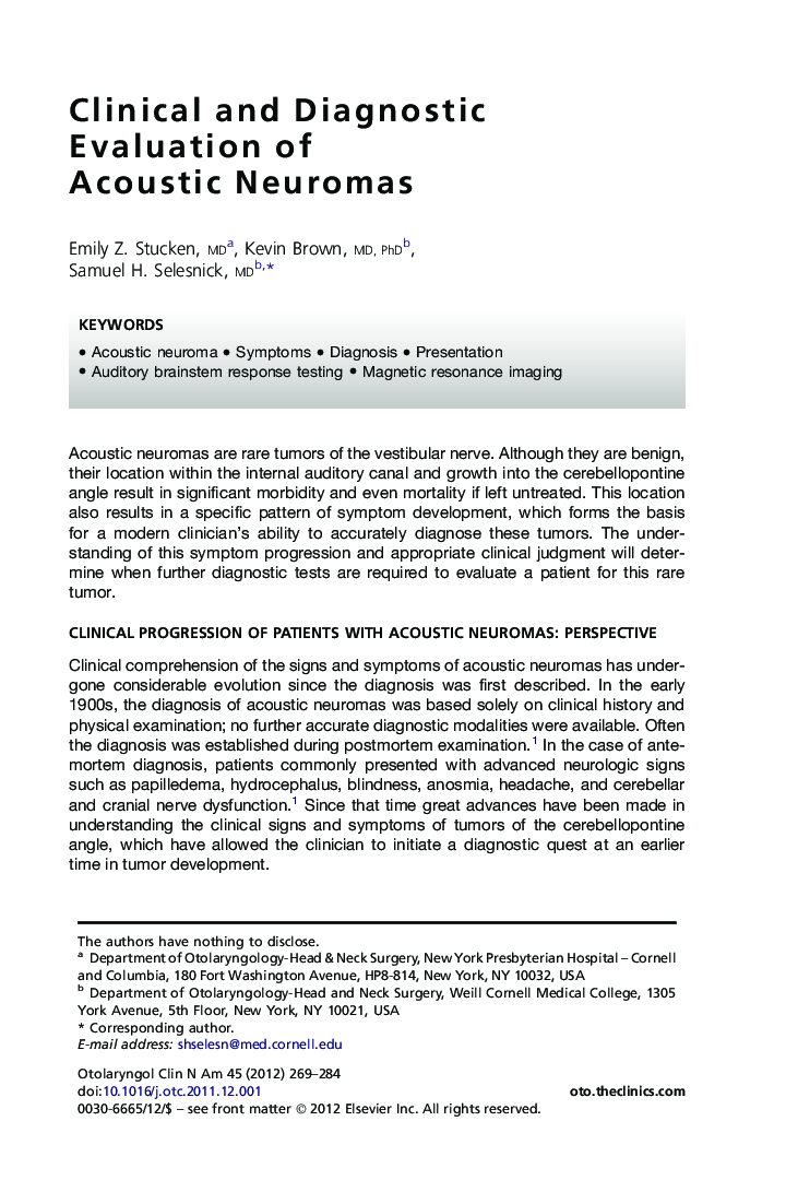 Clinical and Diagnostic Evaluation of Acoustic Neuromas