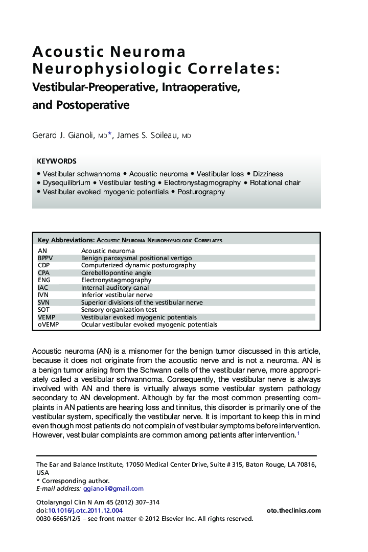 Acoustic Neuroma Neurophysiologic Correlates: