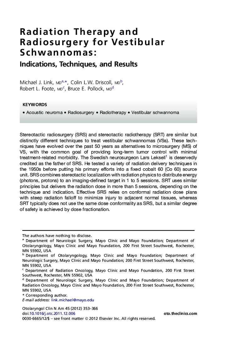 Radiation Therapy and Radiosurgery for Vestibular Schwannomas: