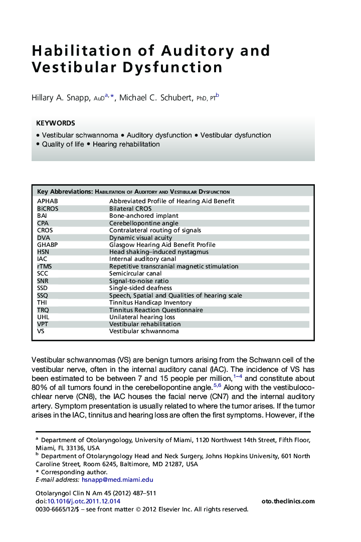 Habilitation of Auditory and Vestibular Dysfunction