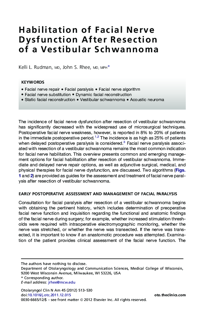 Habilitation of Facial Nerve Dysfunction After Resection of a Vestibular Schwannoma