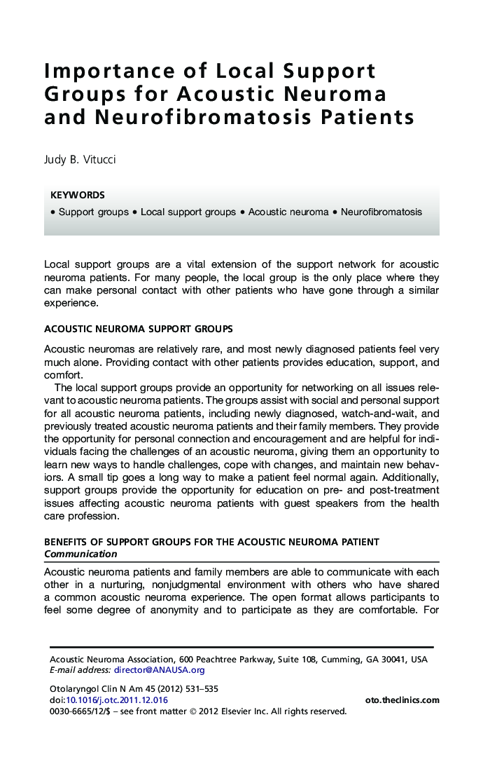 Importance of Local Support Groups for Acoustic Neuroma and Neurofibromatosis Patients