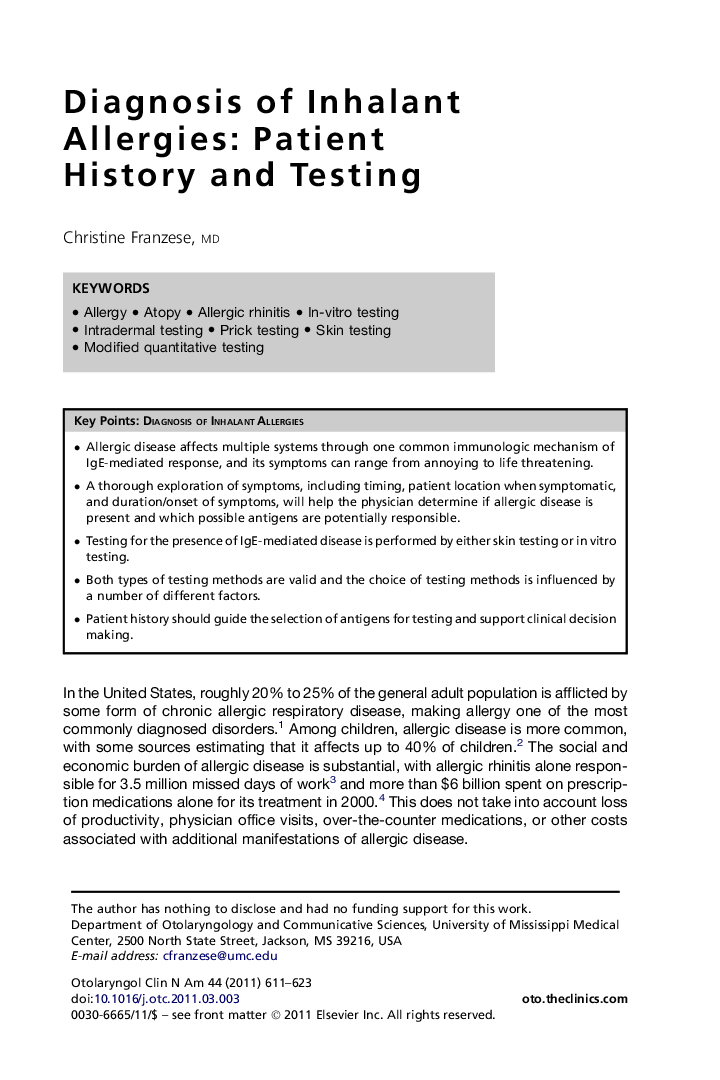 Diagnosis of Inhalant Allergies: Patient History and Testing