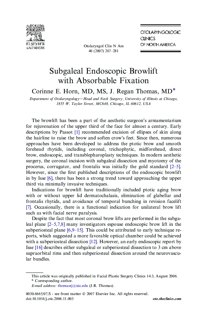 Subgaleal Endoscopic Browlift with Absorbable Fixation