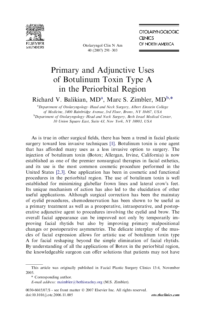 Primary and Adjunctive Uses of Botulinum Toxin Type A in the Periorbital Region