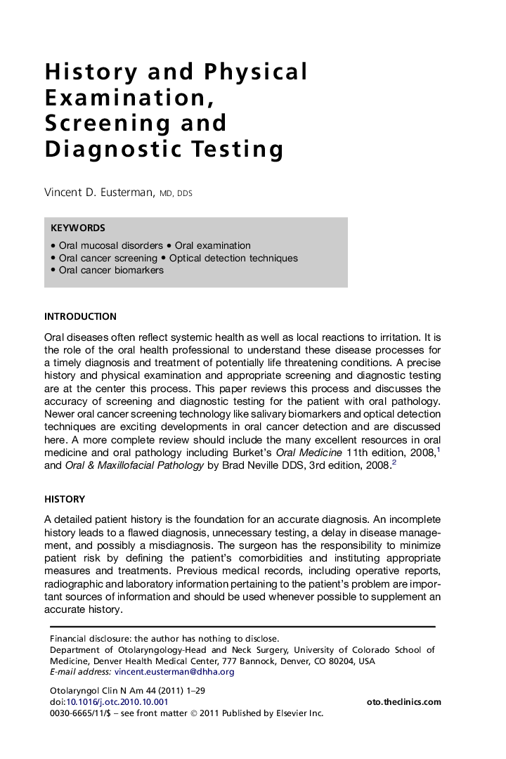 History and Physical Examination, Screening and Diagnostic Testing