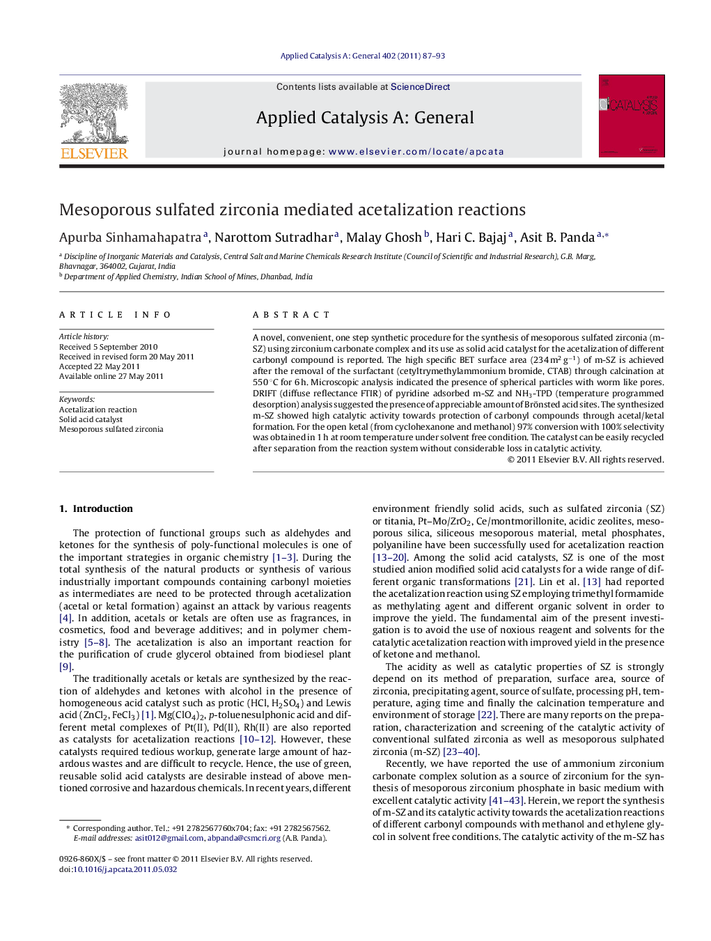 Mesoporous sulfated zirconia mediated acetalization reactions