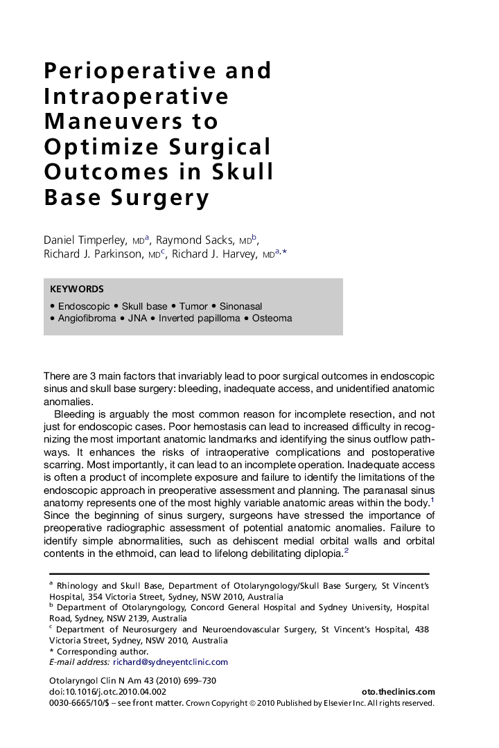 Perioperative and Intraoperative Maneuvers to Optimize Surgical Outcomes in Skull Base Surgery