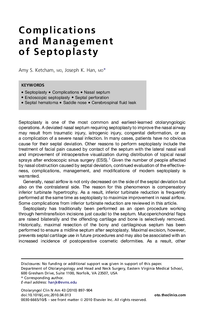 Complications and Management of Septoplasty