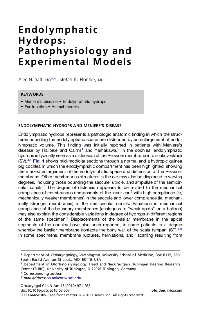 Endolymphatic Hydrops: Pathophysiology and Experimental Models