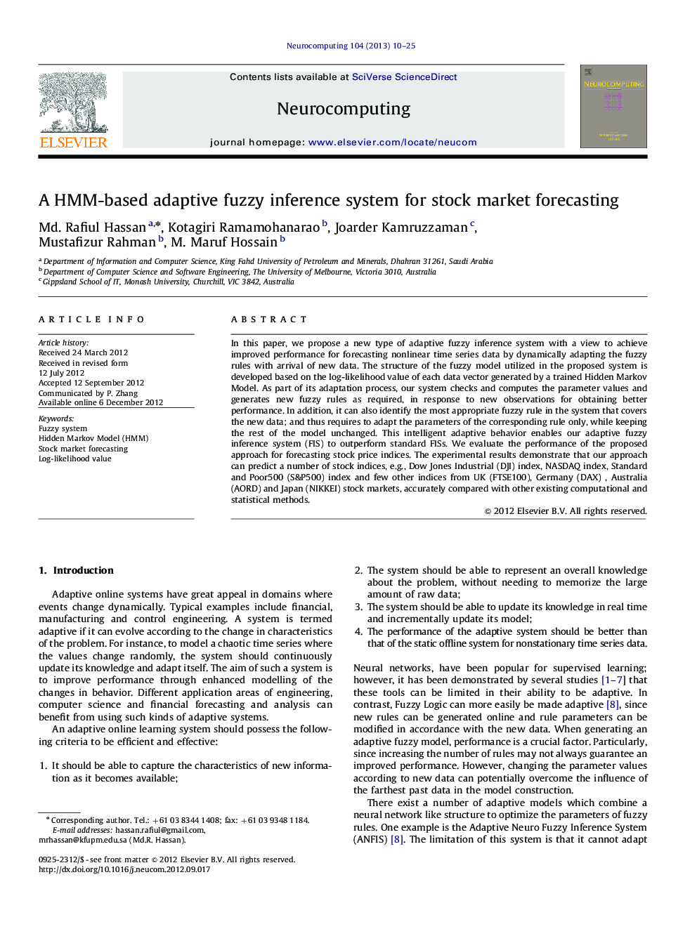 A HMM-based adaptive fuzzy inference system for stock market forecasting