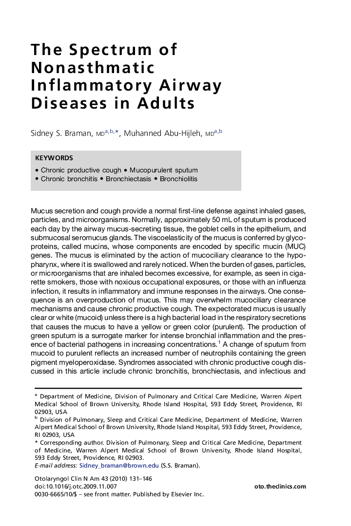 The Spectrum of Nonasthmatic Inflammatory Airway Diseases in Adults