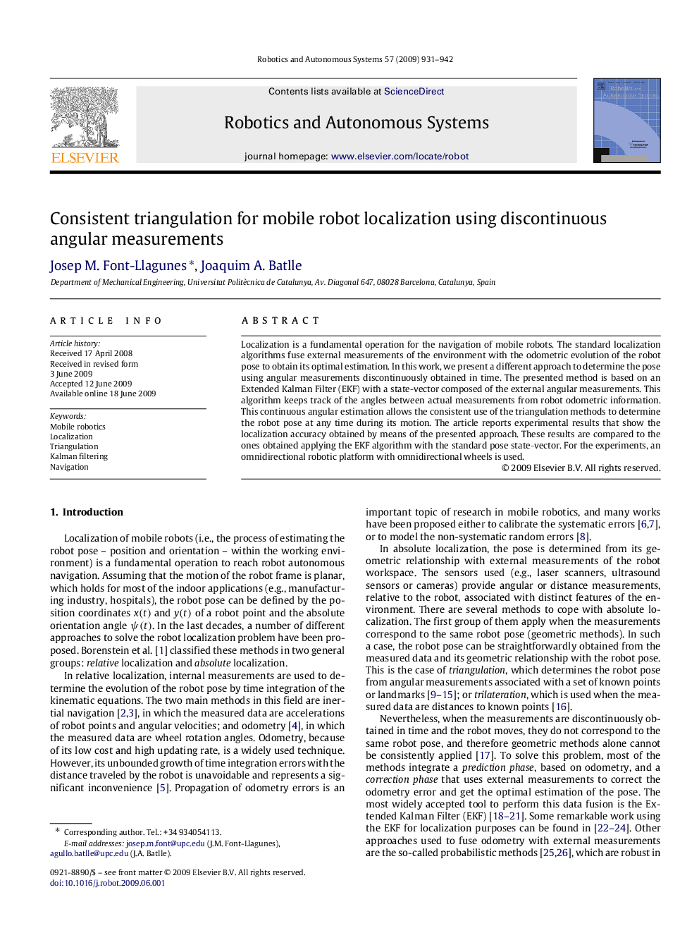 Consistent triangulation for mobile robot localization using discontinuous angular measurements