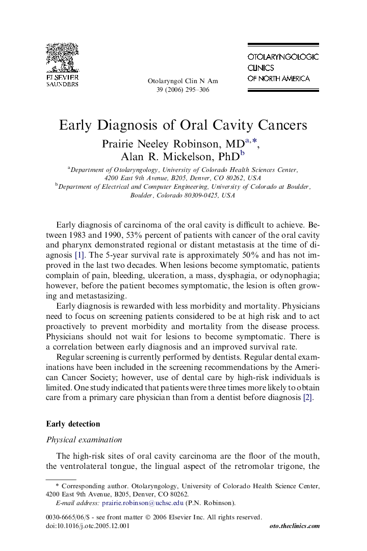 Early Diagnosis of Oral Cavity Cancers