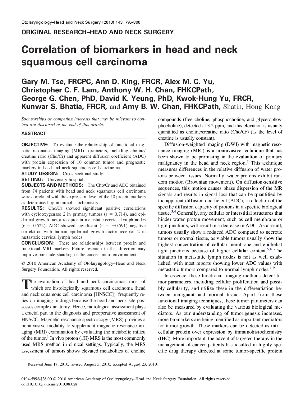 Correlation of biomarkers in head and neck squamous cell carcinoma