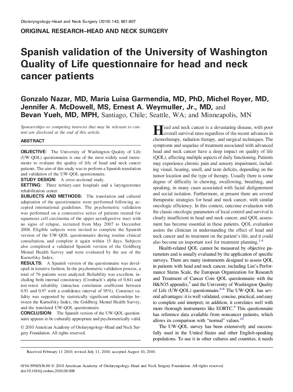 Spanish validation of the University of Washington Quality of Life questionnaire for head and neck cancer patients