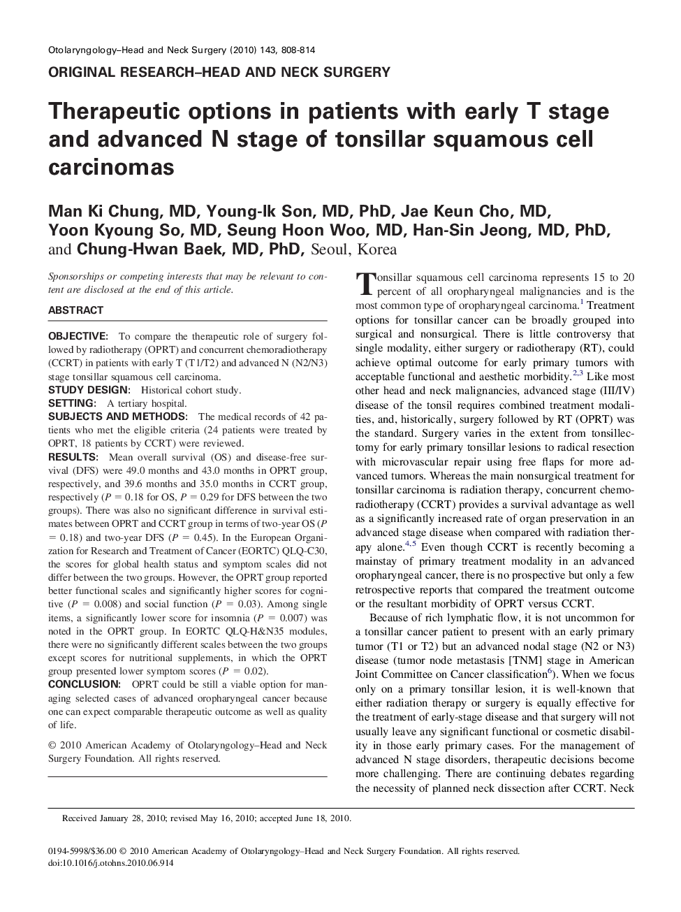 Therapeutic options in patients with early T stage and advanced N stage of tonsillar squamous cell carcinomas