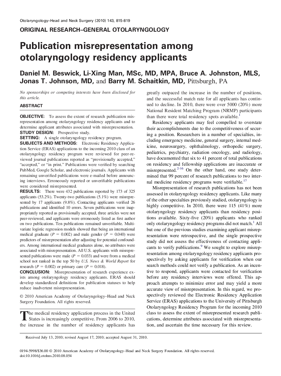 Publication misrepresentation among otolaryngology residency applicants