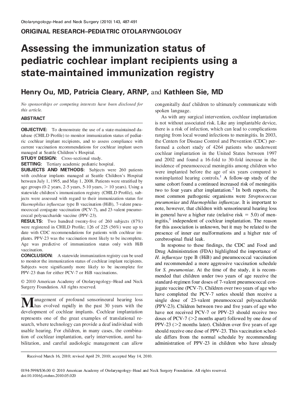 Assessing the immunization status of pediatric cochlear implant recipients using a state-maintained immunization registry