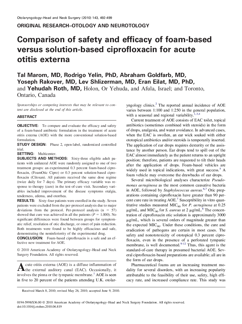 Comparison of safety and efficacy of foam-based versus solution-based ciprofloxacin for acute otitis externa