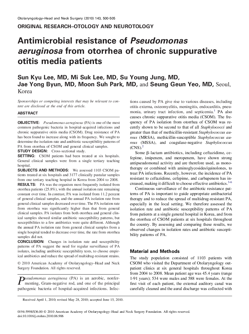 Antimicrobial resistance of Pseudomonas aeruginosa from otorrhea of chronic suppurative otitis media patients