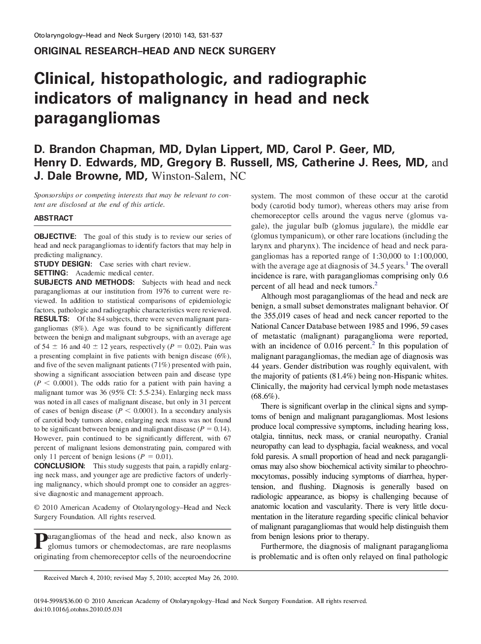 Clinical, histopathologic, and radiographic indicators of malignancy in head and neck paragangliomas