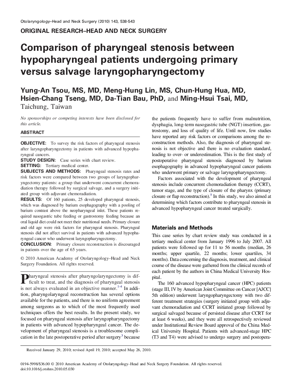 Comparison of pharyngeal stenosis between hypopharyngeal patients undergoing primary versus salvage laryngopharyngectomy