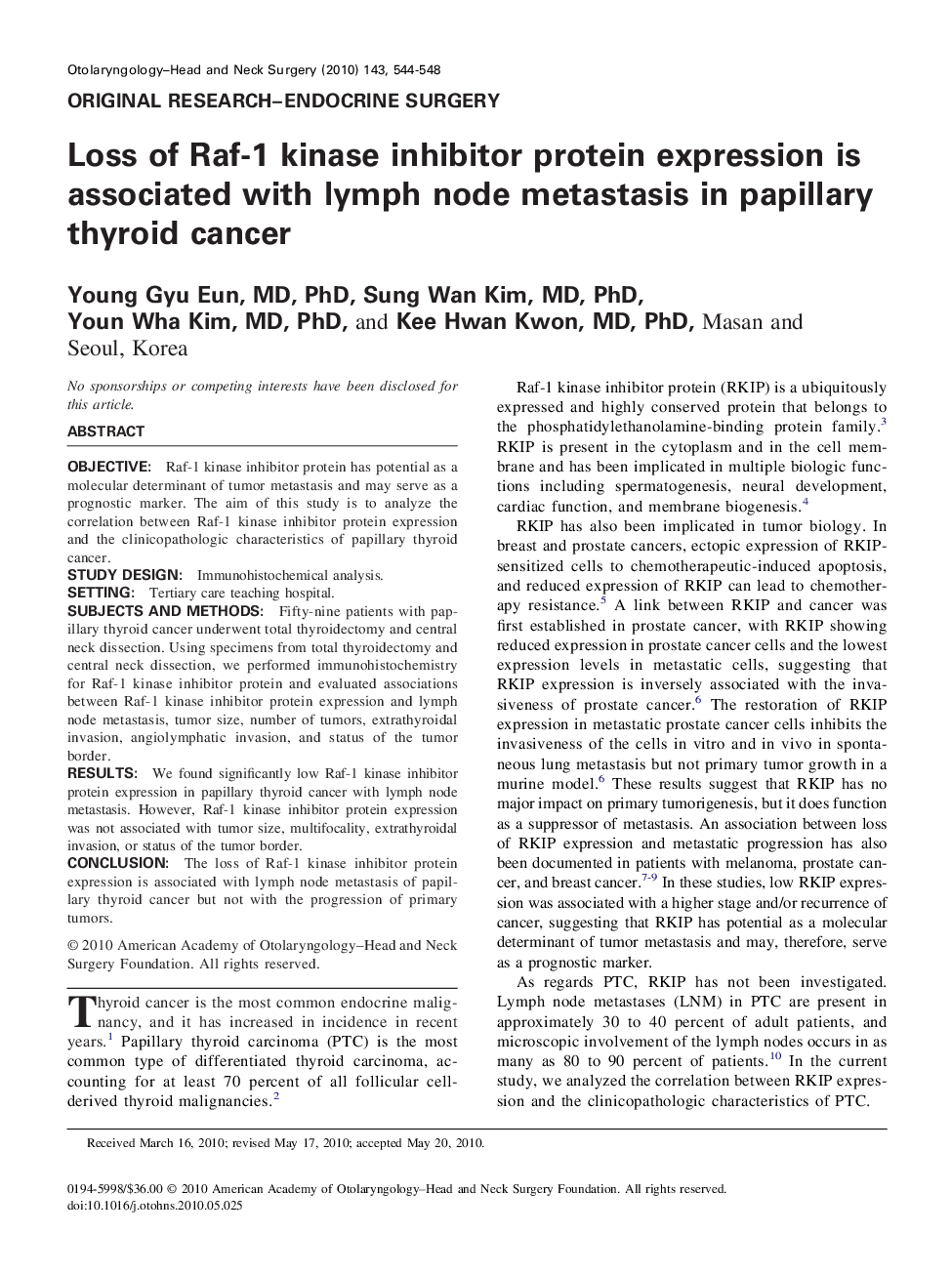 Loss of Raf-1 kinase inhibitor protein expression is associated with lymph node metastasis in papillary thyroid cancer