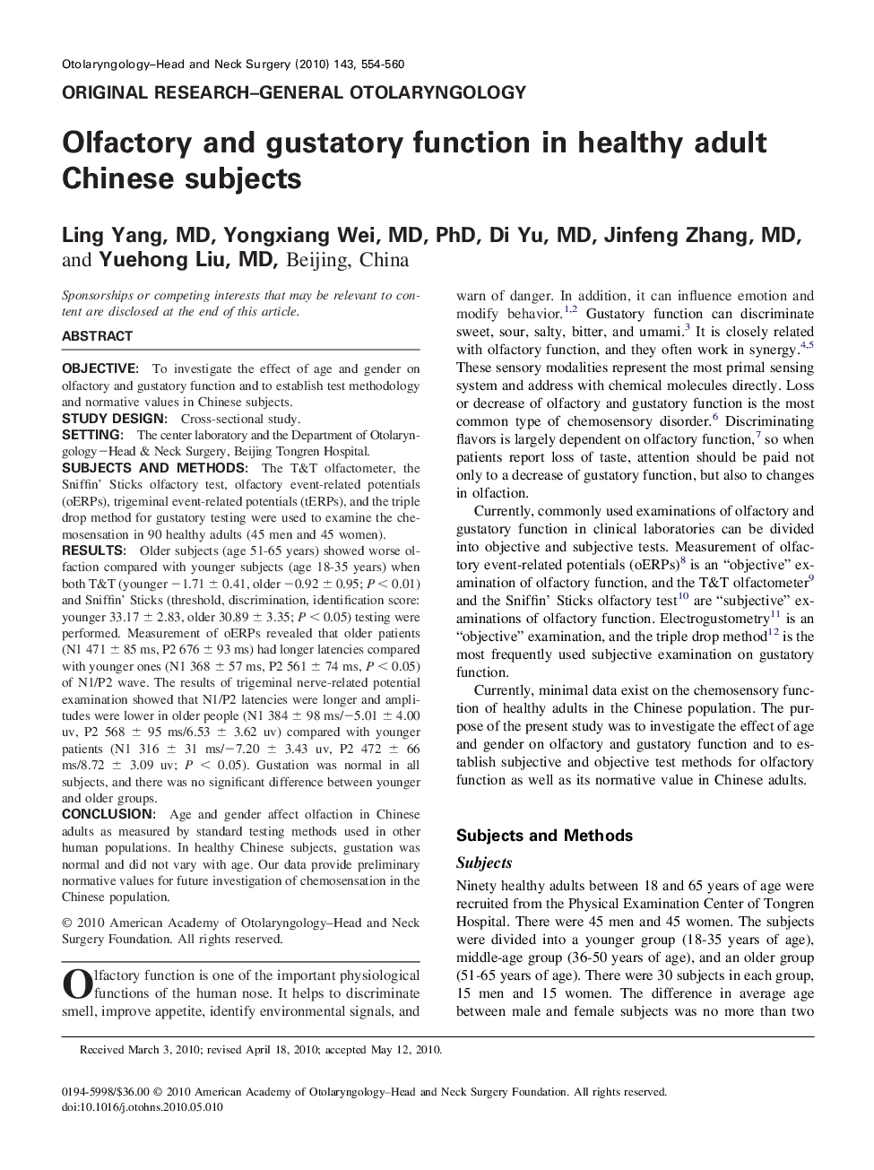 Olfactory and gustatory function in healthy adult Chinese subjects
