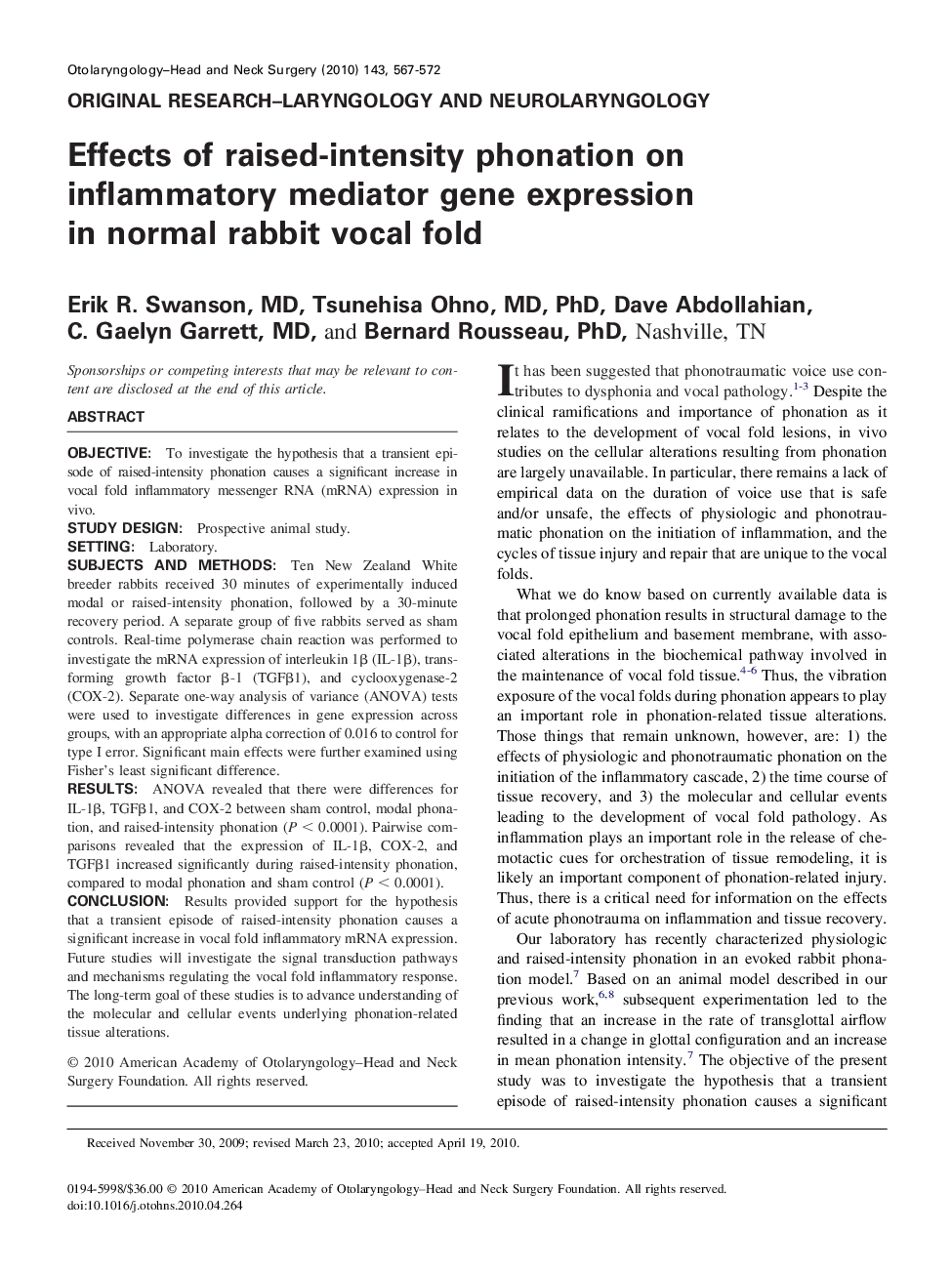 Effects of raised-intensity phonation on inflammatory mediator gene expression in normal rabbit vocal fold