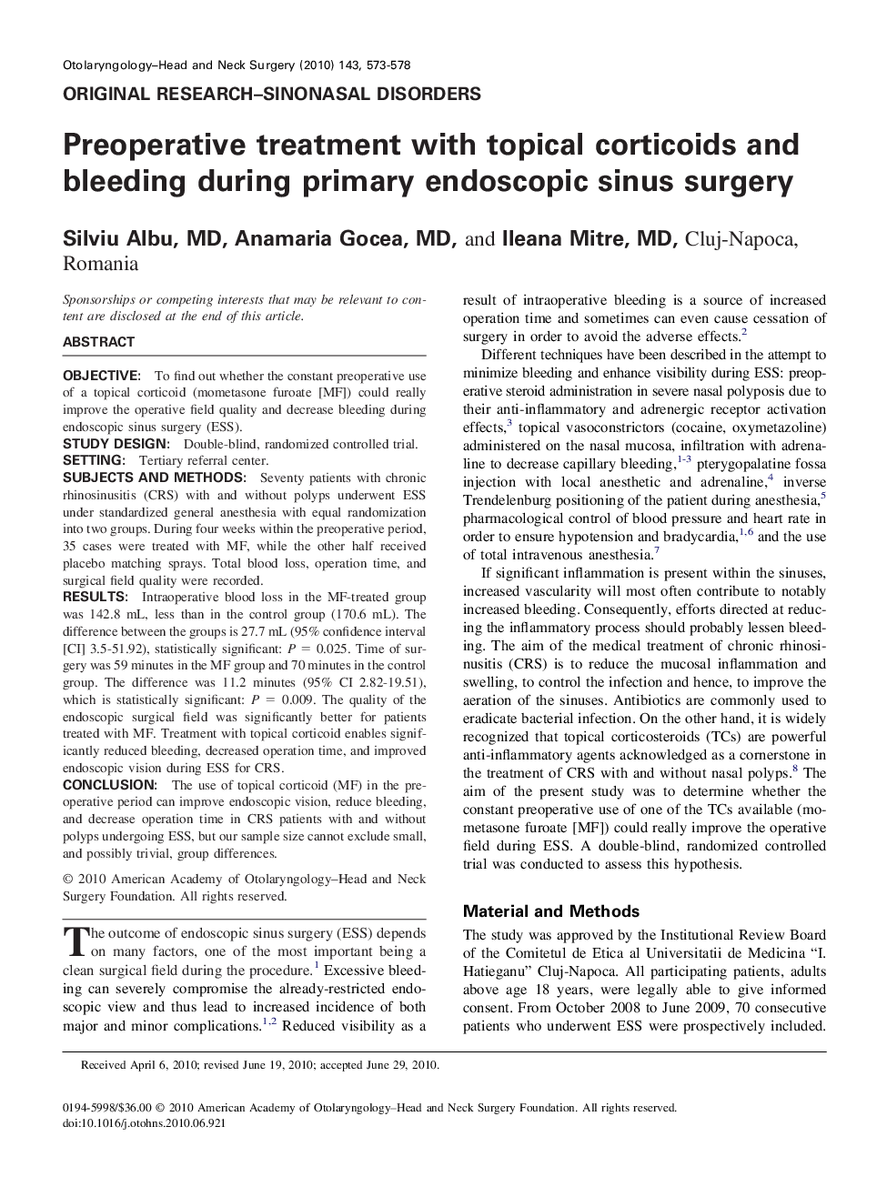 Preoperative treatment with topical corticoids and bleeding during primary endoscopic sinus surgery