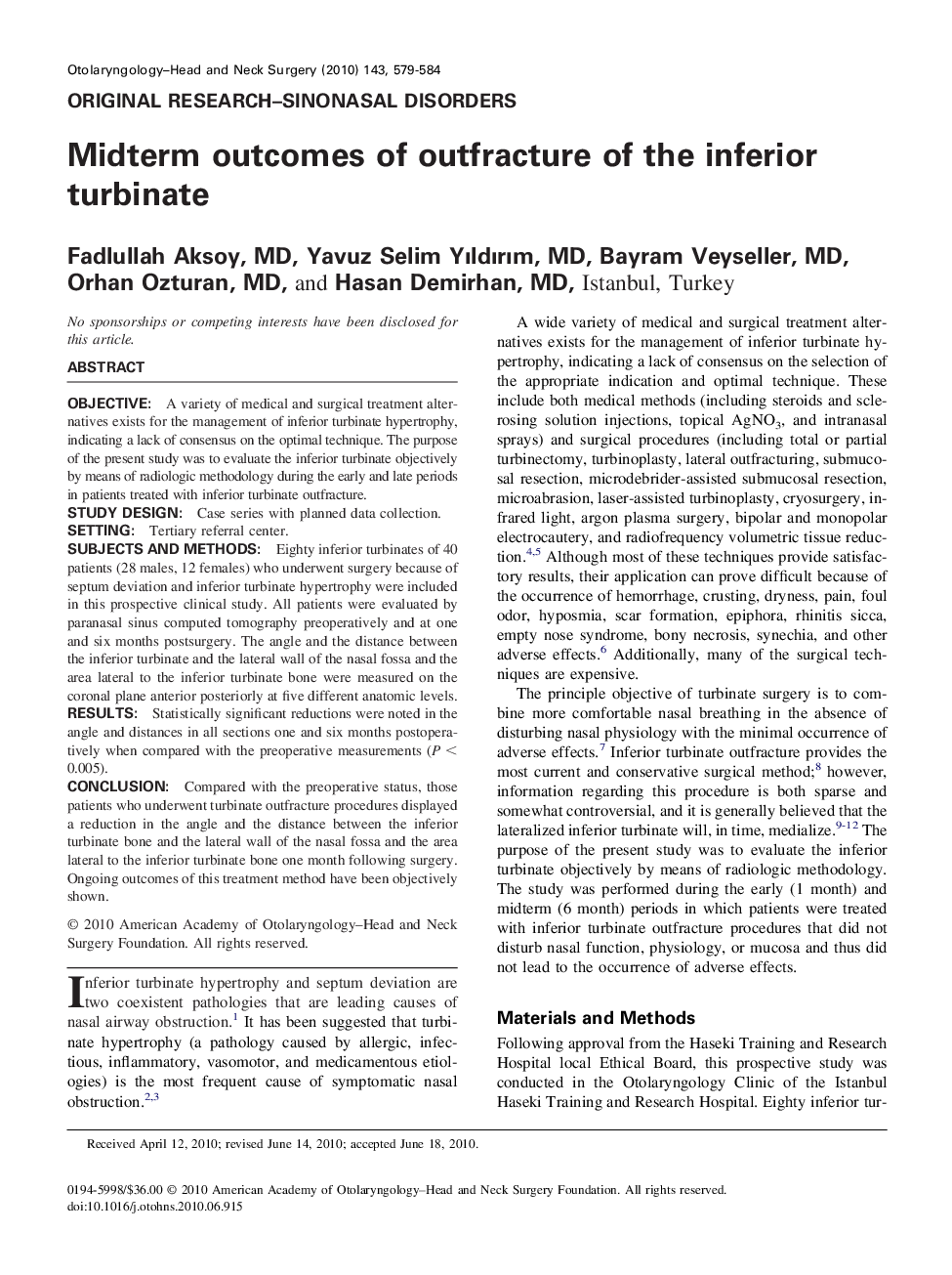 Midterm outcomes of outfracture of the inferior turbinate