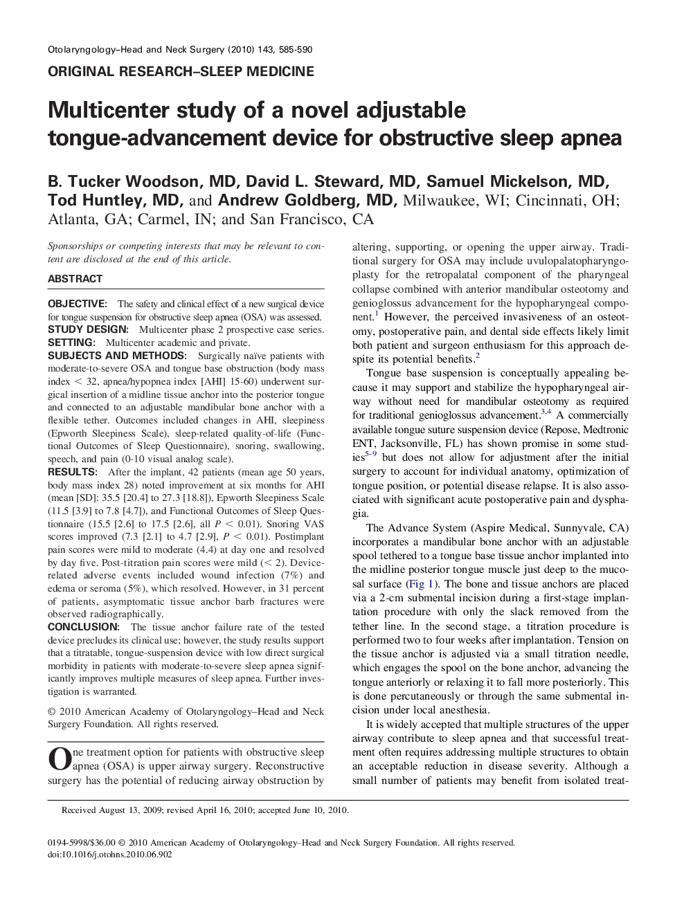Multicenter study of a novel adjustable tongue-advancement device for obstructive sleep apnea