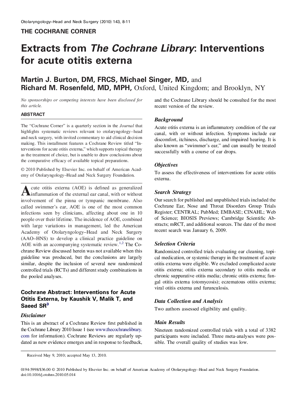Extracts from The Cochrane Library: Interventions for acute otitis externa