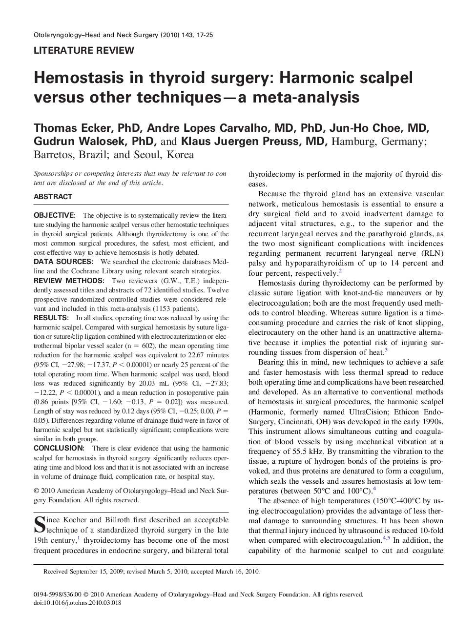 Hemostasis in thyroid surgery: Harmonic scalpel versus other techniques-a meta-analysis