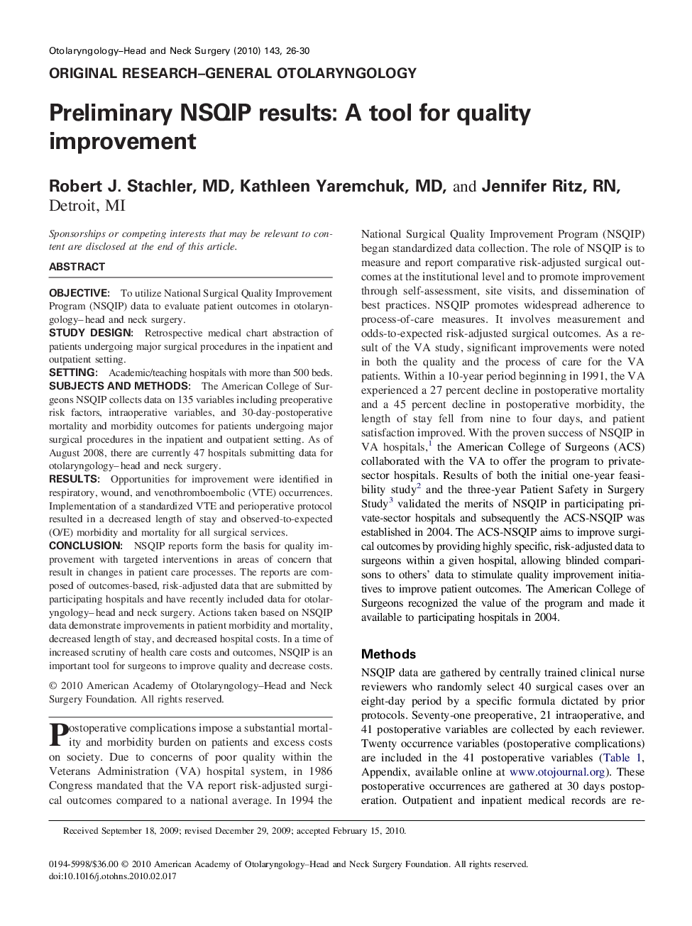 Preliminary NSQIP results: A tool for quality improvement