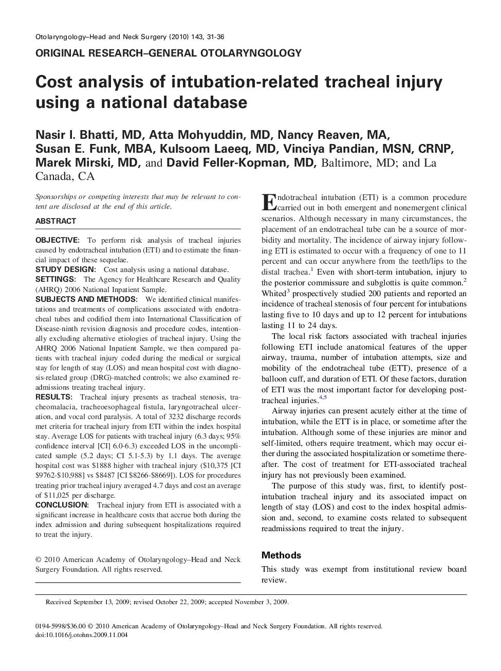Cost analysis of intubation-related tracheal injury using a national database