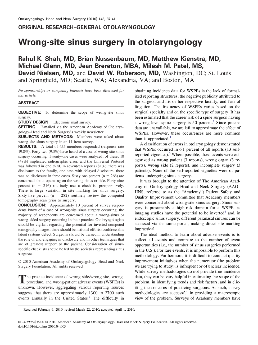 Wrong-site sinus surgery in otolaryngology