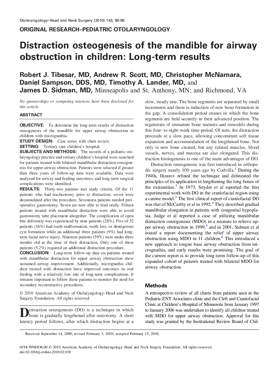 Distraction osteogenesis of the mandible for airway obstruction in children: Long-term results