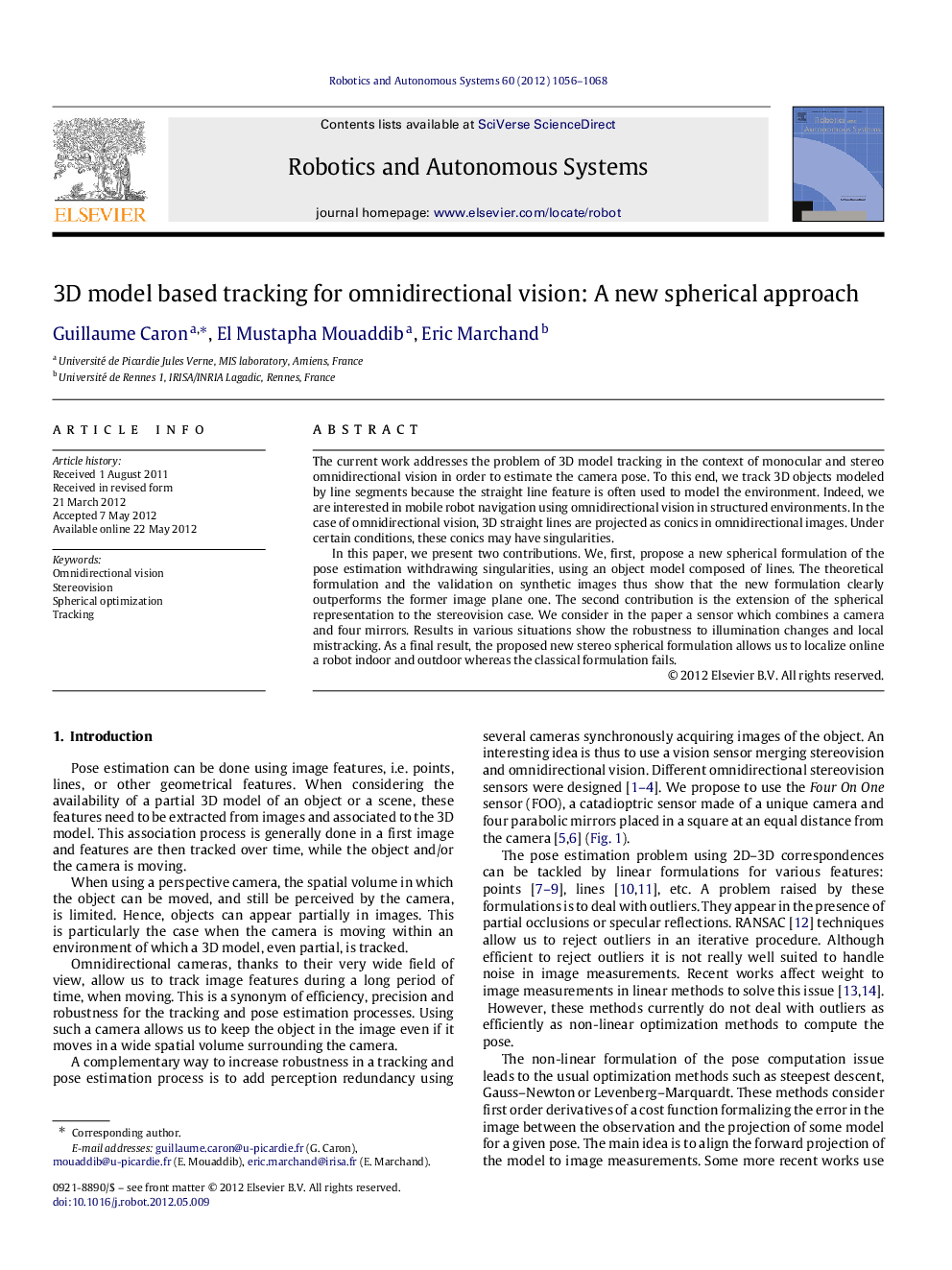 3D model based tracking for omnidirectional vision: A new spherical approach