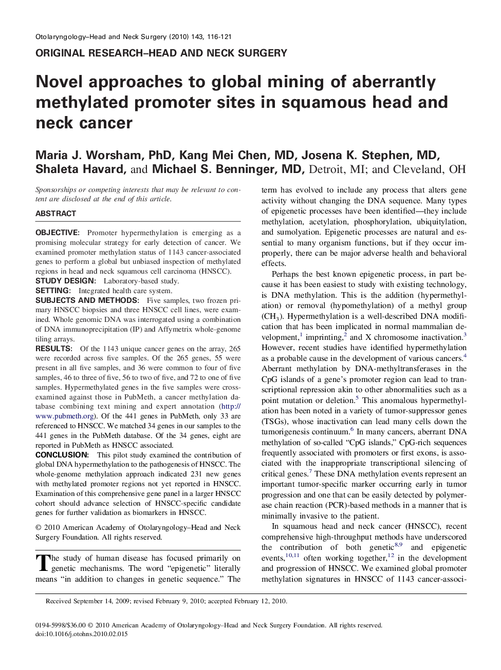 Novel approaches to global mining of aberrantly methylated promoter sites in squamous head and neck cancer