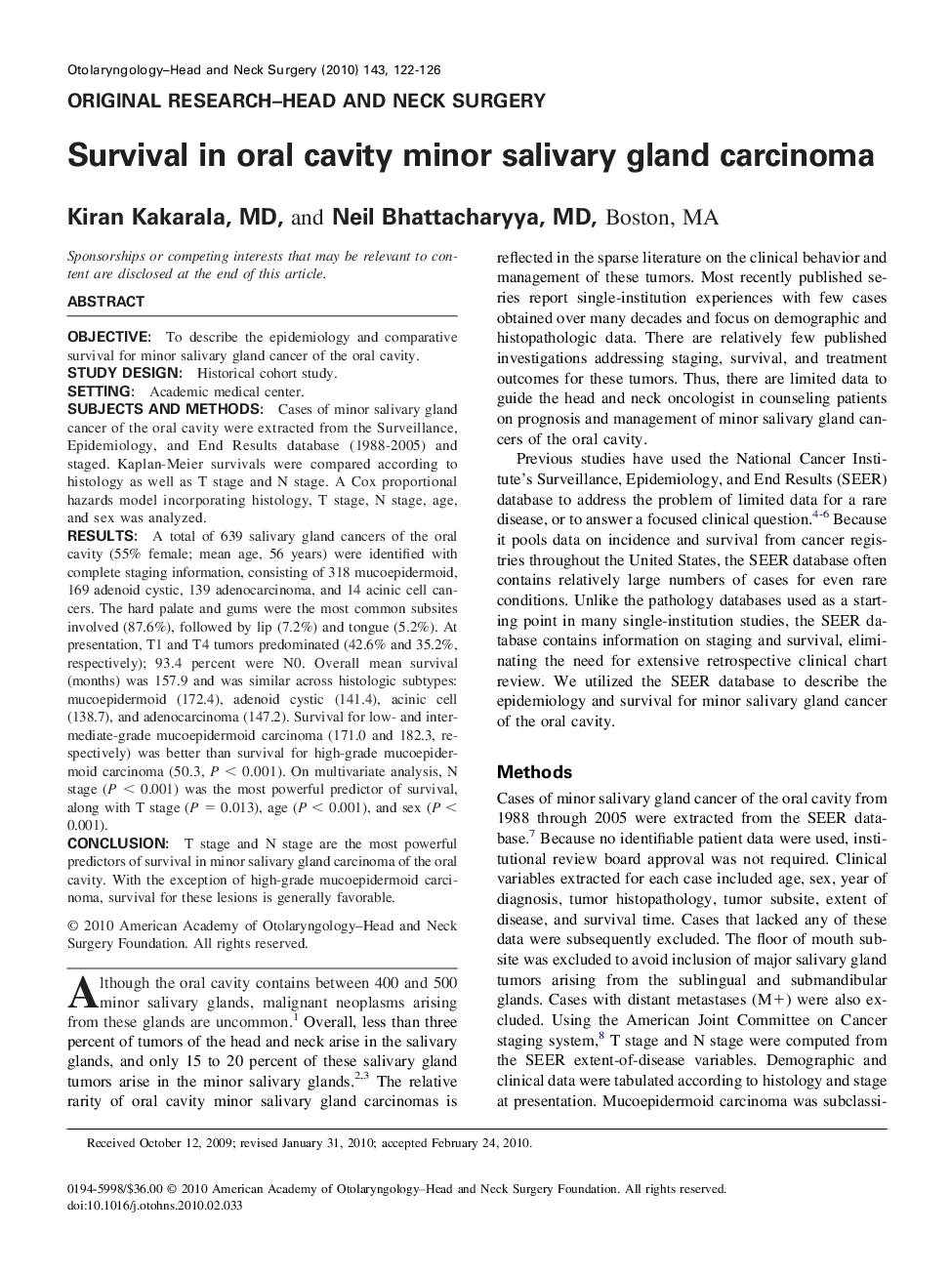 Survival in oral cavity minor salivary gland carcinoma 