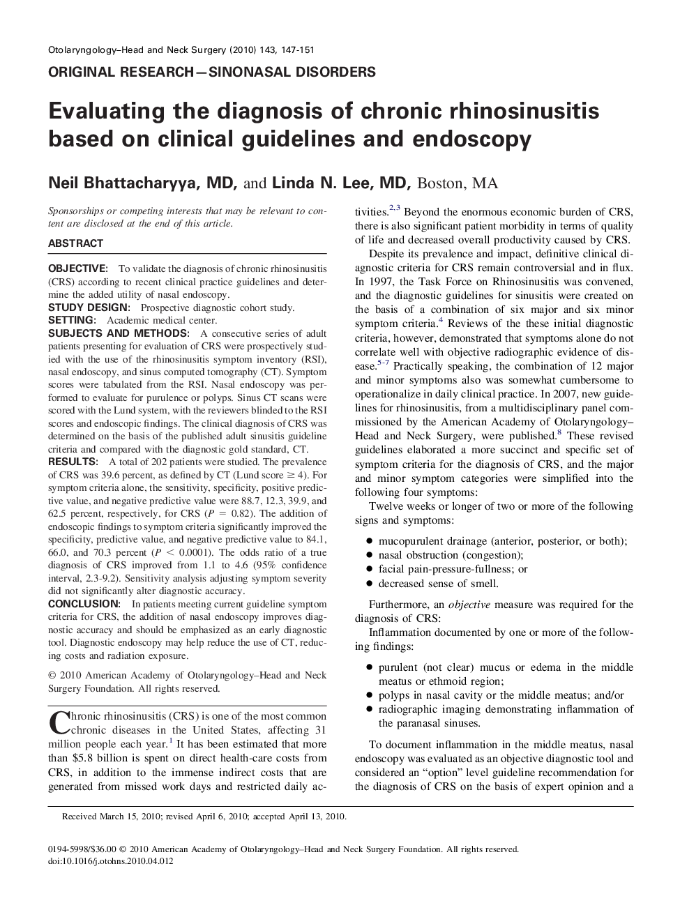 Evaluating the diagnosis of chronic rhinosinusitis based on clinical guidelines and endoscopy
