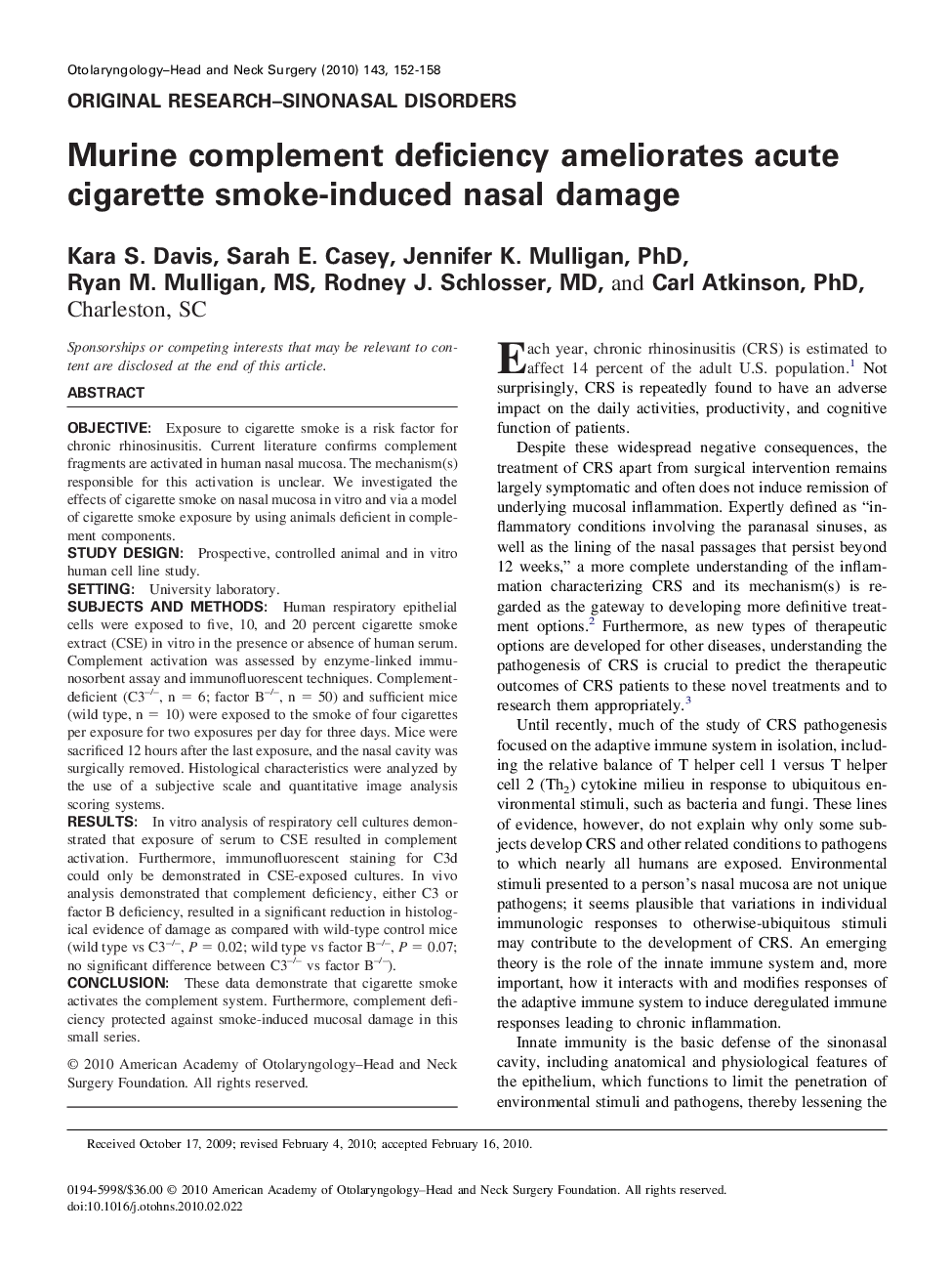 عکس صفحه اول مقاله: Murine complement deficiency ameliorates acute cigarette smoke-induced nasal damage Murine complement deficiency ameliorates acute cigarette smoke-induced nasal damage