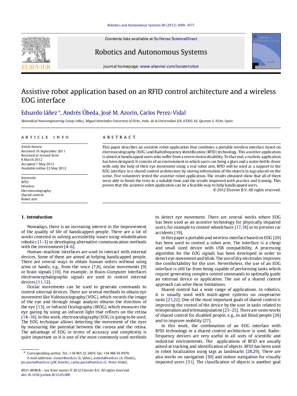 Assistive robot application based on an RFID control architecture and a wireless EOG interface