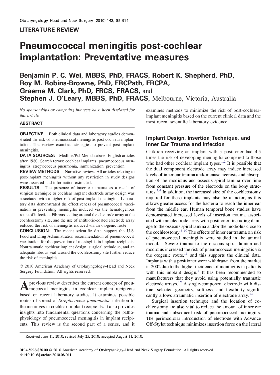 عکس صفحه اول مقاله: Pneumococcal meningitis post-cochlear implantation: Preventative measures Pneumococcal meningitis post-cochlear implantation: Preventative measures