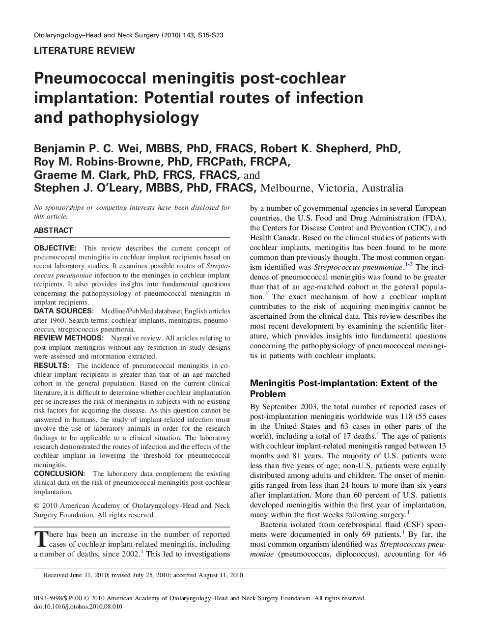 عکس صفحه اول مقاله: Pneumococcal meningitis post-cochlear implantation: Potential routes of infection and pathophysiology Pneumococcal meningitis post-cochlear implantation: Potential routes of infection and pathophysiology