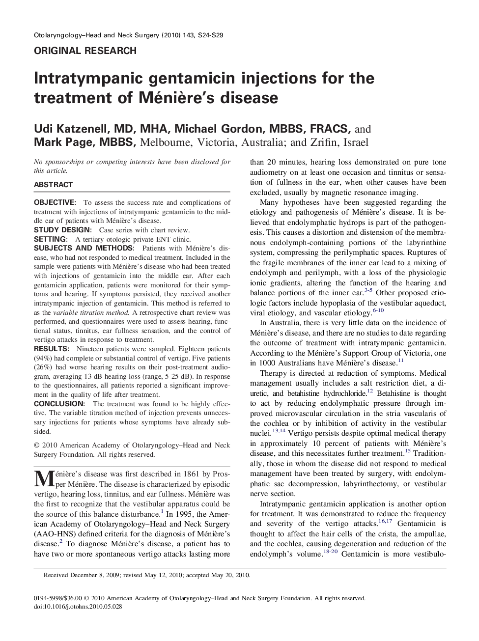عکس صفحه اول مقاله: Intratympanic gentamicin injections for the treatment of Ménière's disease Intratympanic gentamicin injections for the treatment of Ménière's disease