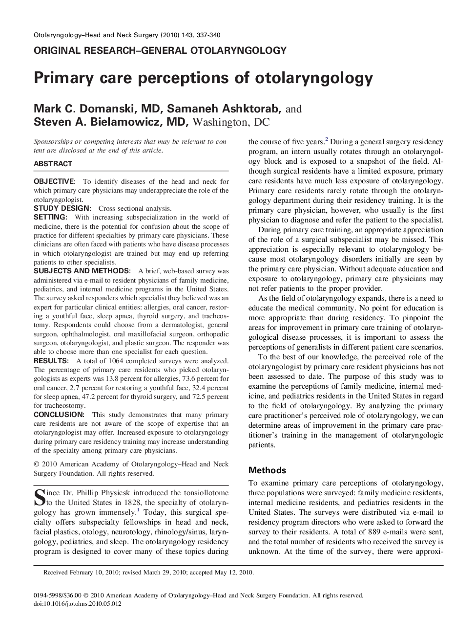 Primary care perceptions of otolaryngology