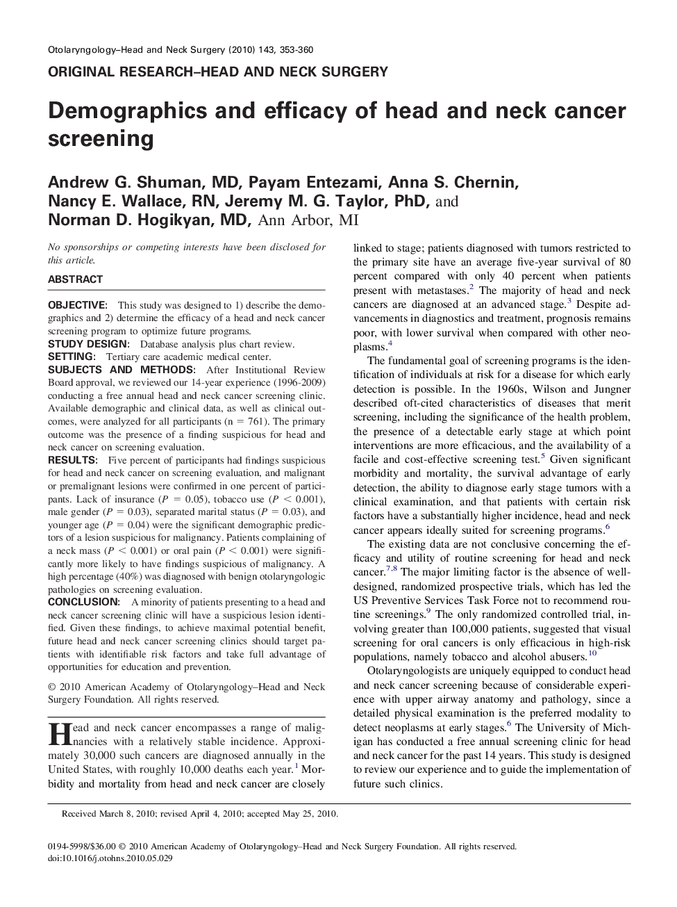 عکس صفحه اول مقاله: Demographics and efficacy of head and neck cancer screening Demographics and efficacy of head and neck cancer screening